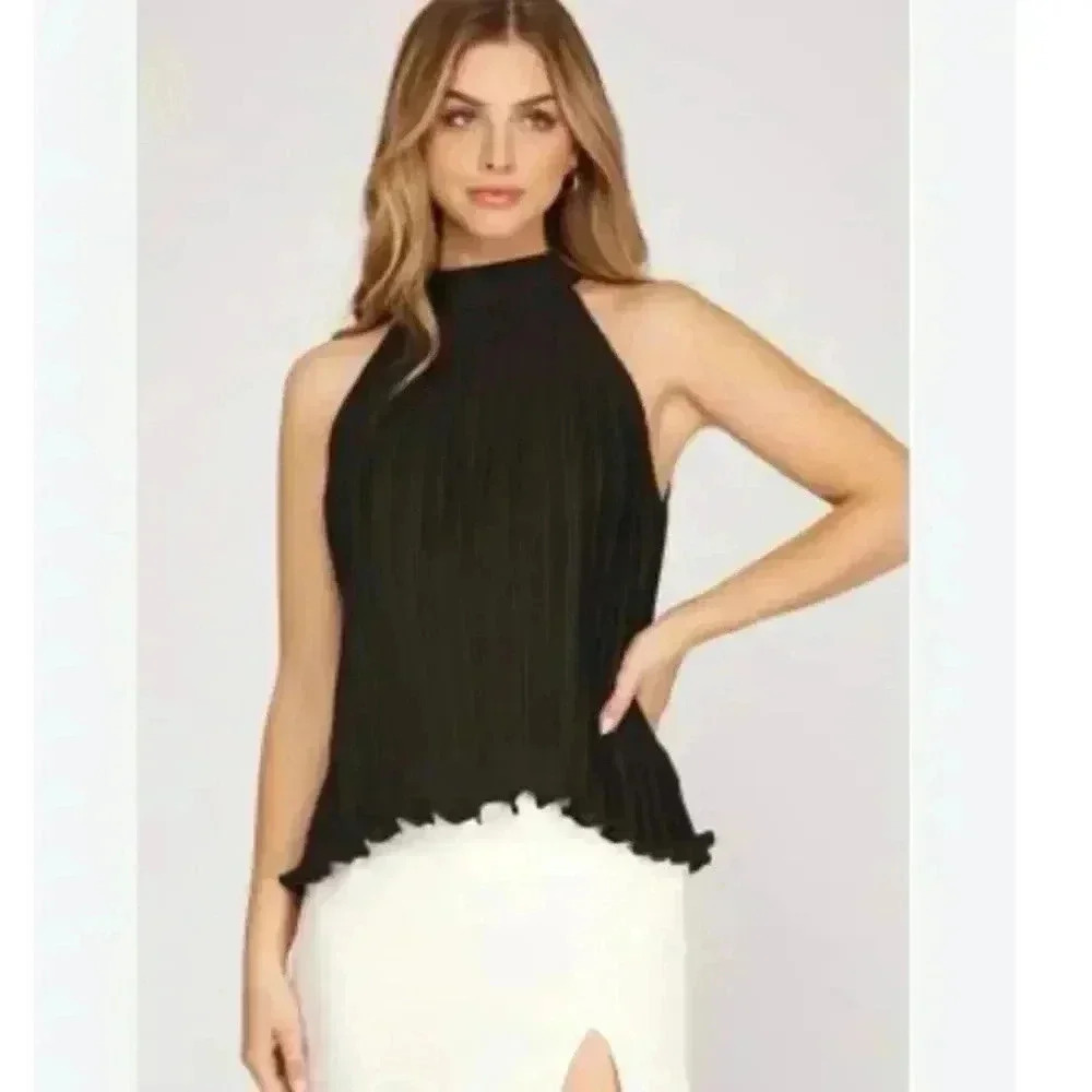 She + Sky Silk Halter Neck Line Accordian Pleat Tank Top Black Size Small